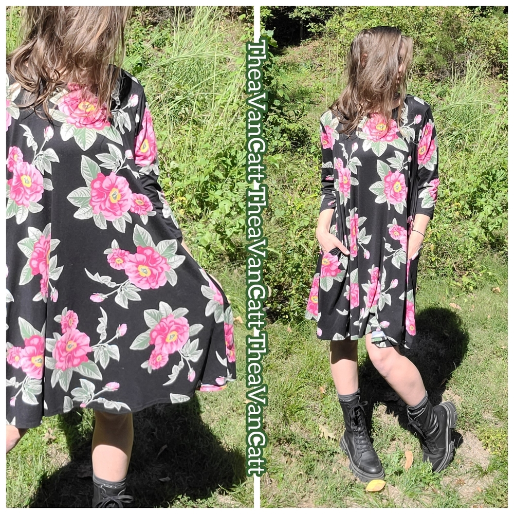 ELLA SAMANI 🌺 big pink roses flowers 2 pockets stretchy comfy boho fairy dress